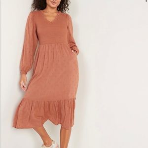 Long-Sleeve Fit & Flare Smocked Clip-Dot Midi Dress for Women large